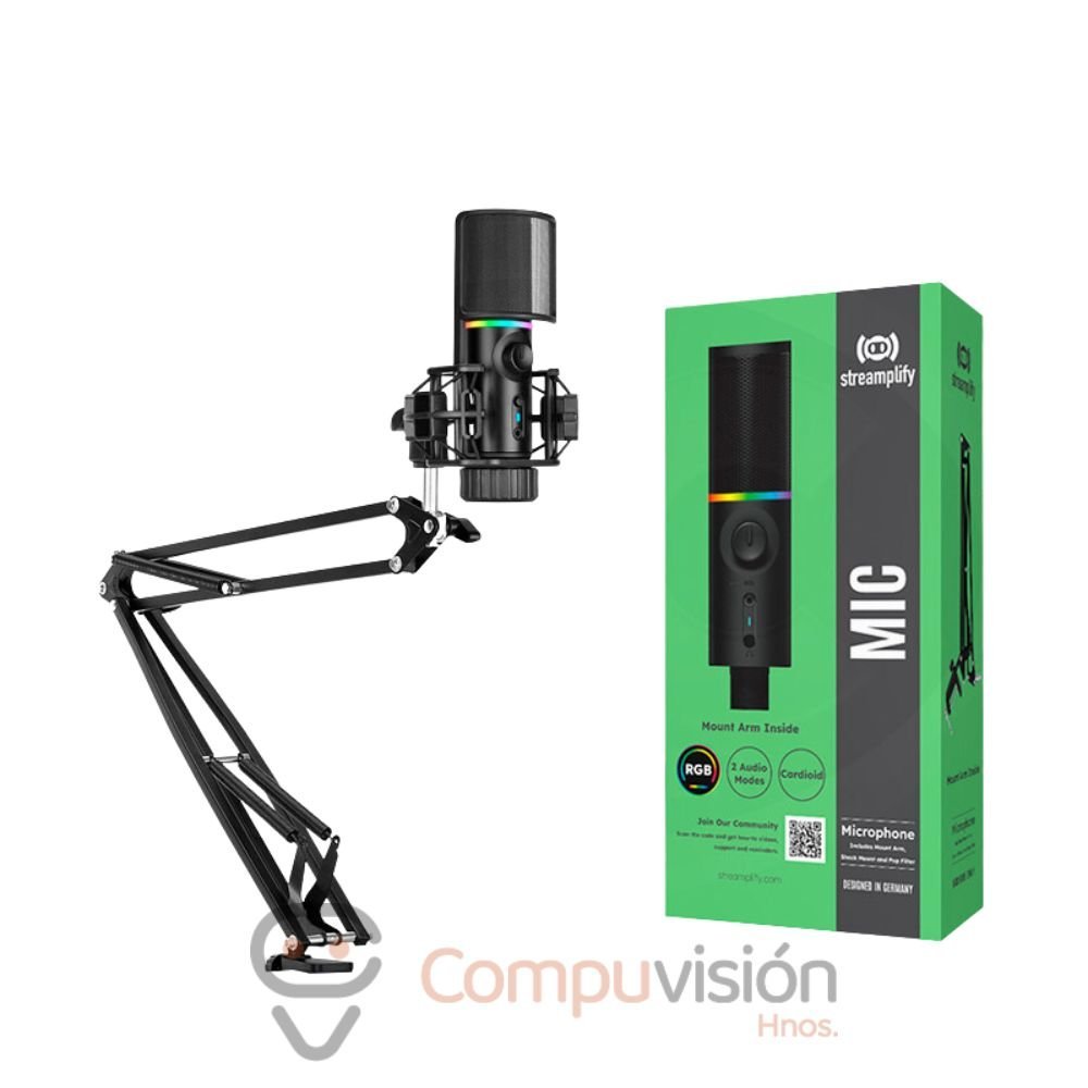 MICRÓFONO STREAMPLIFY MIC-48-RGB-MA-BK SOPORTE DE BRAZO