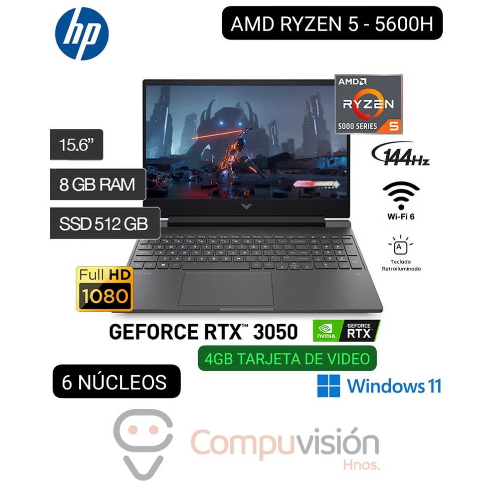LAPTOP HP VICTUS 15-FB0128LA R5 5600H 8GB 512GB 4GB RTX 3050 15.6″ FHD IPS 144HZ W11